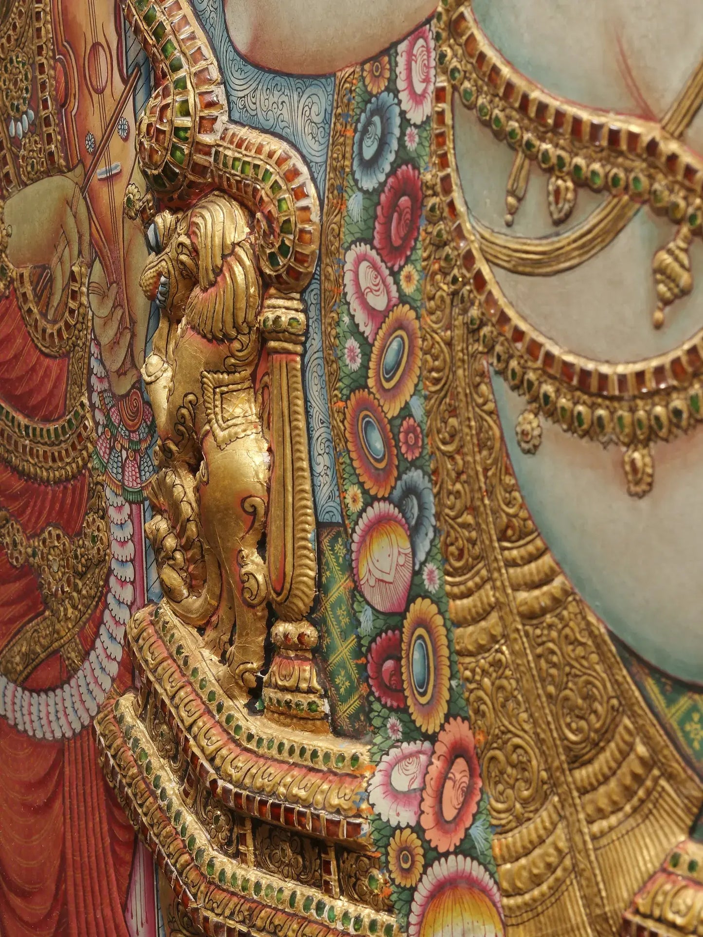 Darbar of lord Krishna | Superfine Embossed Tanjore Painting | With Vintage Teakwood Frame