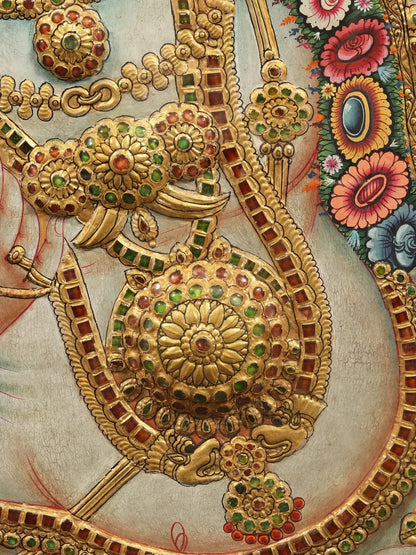 Darbar of lord Krishna | Superfine Embossed Tanjore Painting | With Vintage Teakwood Frame