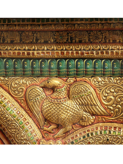 Darbar of lord Krishna | Superfine Embossed Tanjore Painting | With Vintage Teakwood Frame