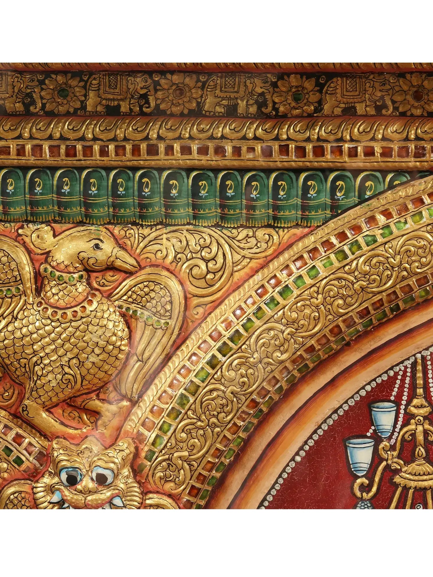Darbar of lord Krishna | Superfine Embossed Tanjore Painting | With Vintage Teakwood Frame