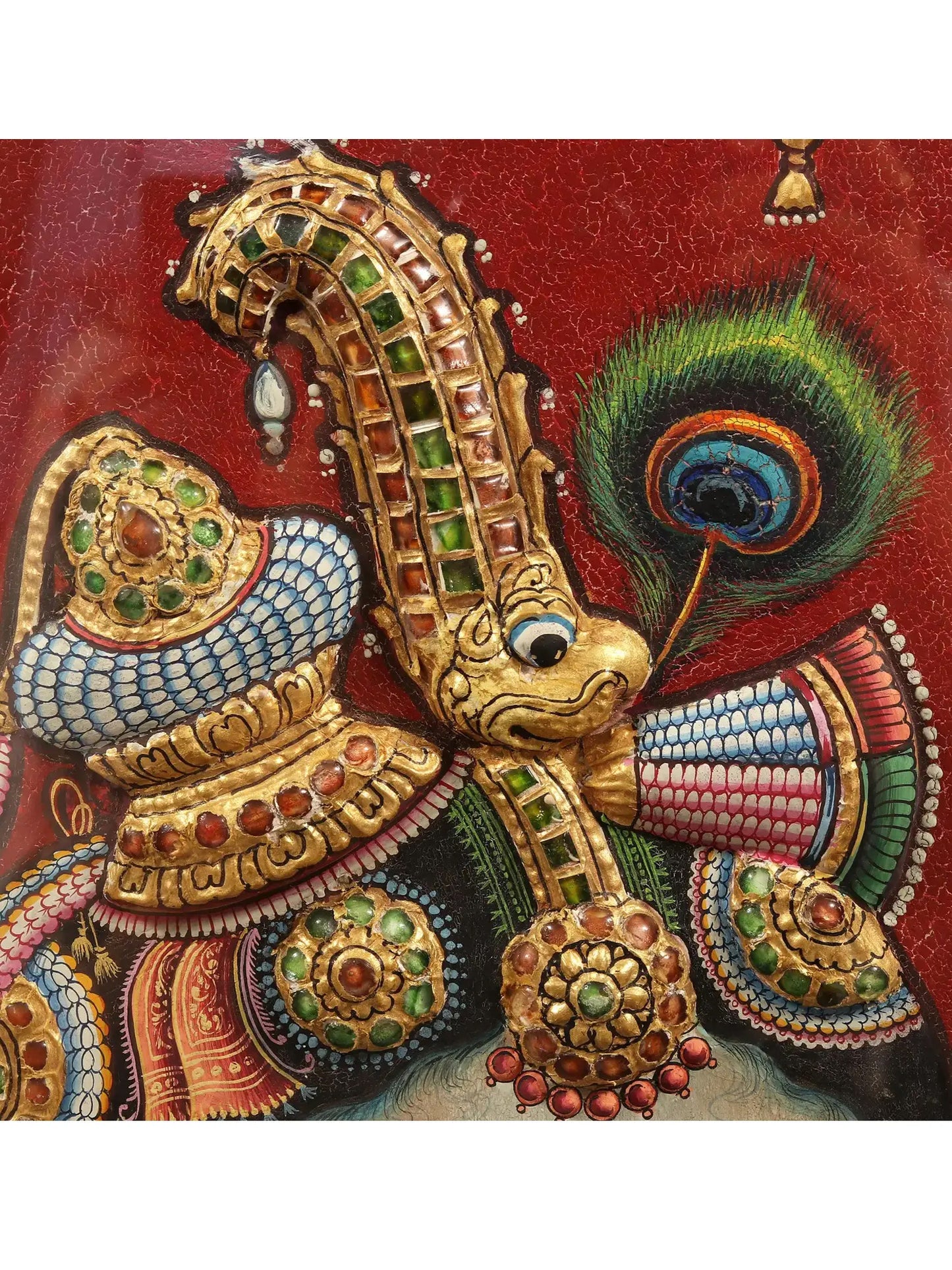 Darbar of lord Krishna | Superfine Embossed Tanjore Painting | With Vintage Teakwood Frame