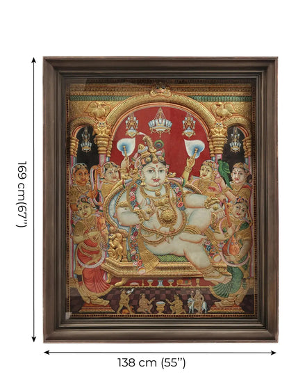 Darbar of lord Krishna | Superfine Embossed Tanjore Painting | With Vintage Teakwood Frame