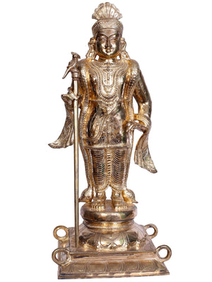 Standing Palani Murugan with Vel on Processional Pedestal in Bronze