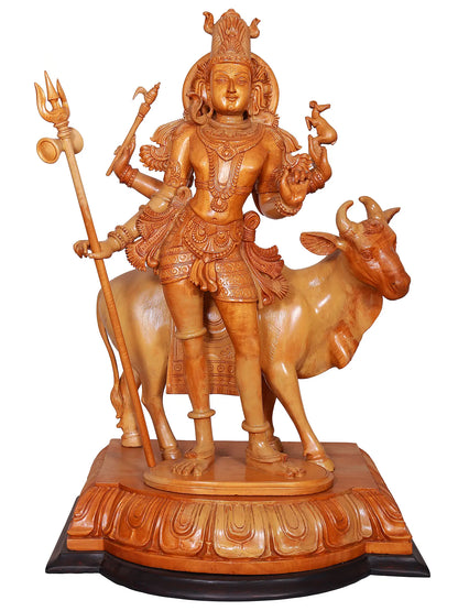 27" Lord Shiva as Lord Pashupatinath with Nandi | Wood Carved Statue | Spiritual Wood Sculpture