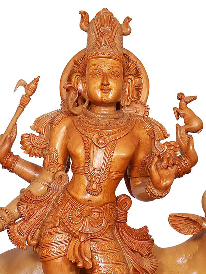 27" Lord Shiva as Lord Pashupatinath with Nandi | Wood Carved Statue | Spiritual Wood Sculpture