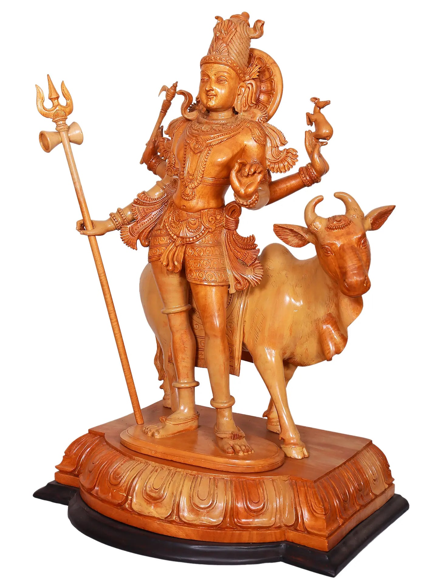 27" Lord Shiva as Lord Pashupatinath with Nandi | Wood Carved Statue | Spiritual Wood Sculpture