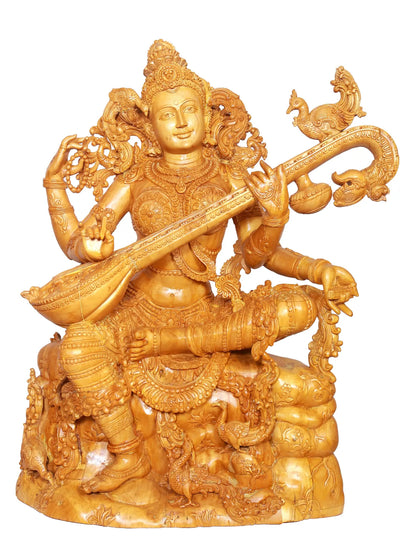 37" Large Idol of Sitting Goddess Saraswati Playing Veena | Wood Carved Sculpture for Temple