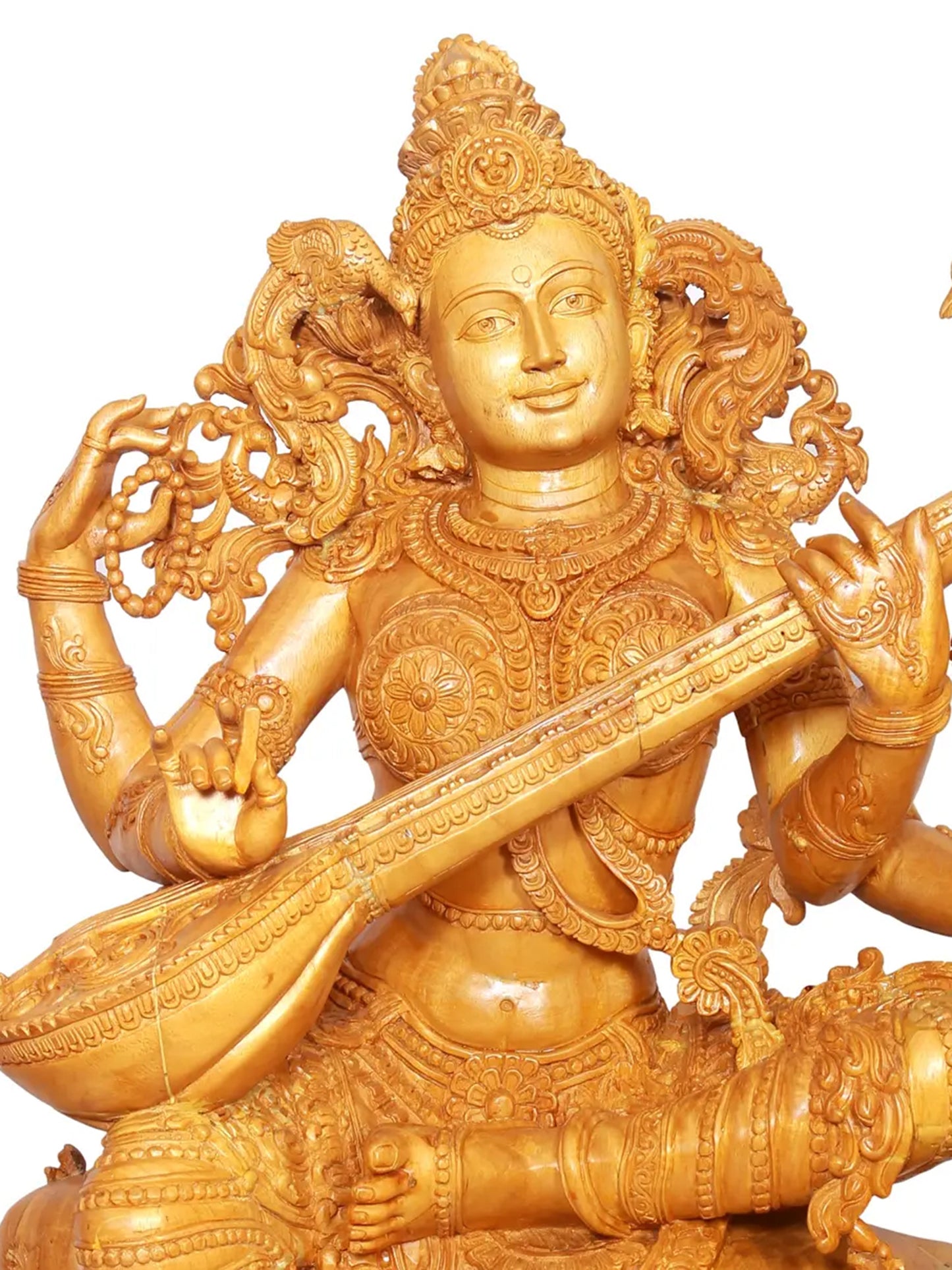 37" Large Idol of Sitting Goddess Saraswati Playing Veena | Wood Carved Sculpture for Temple