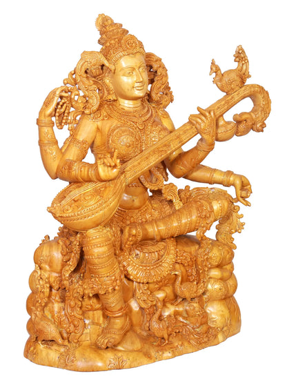 37" Large Idol of Sitting Goddess Saraswati Playing Veena | Wood Carved Sculpture for Temple