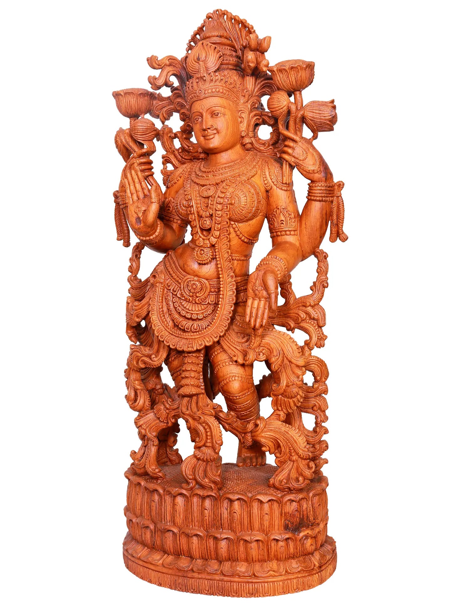 39" Large Sculpture of Standing Gesture Devi Lakshmi in Teakwood | Wood Carving Statue for Temple