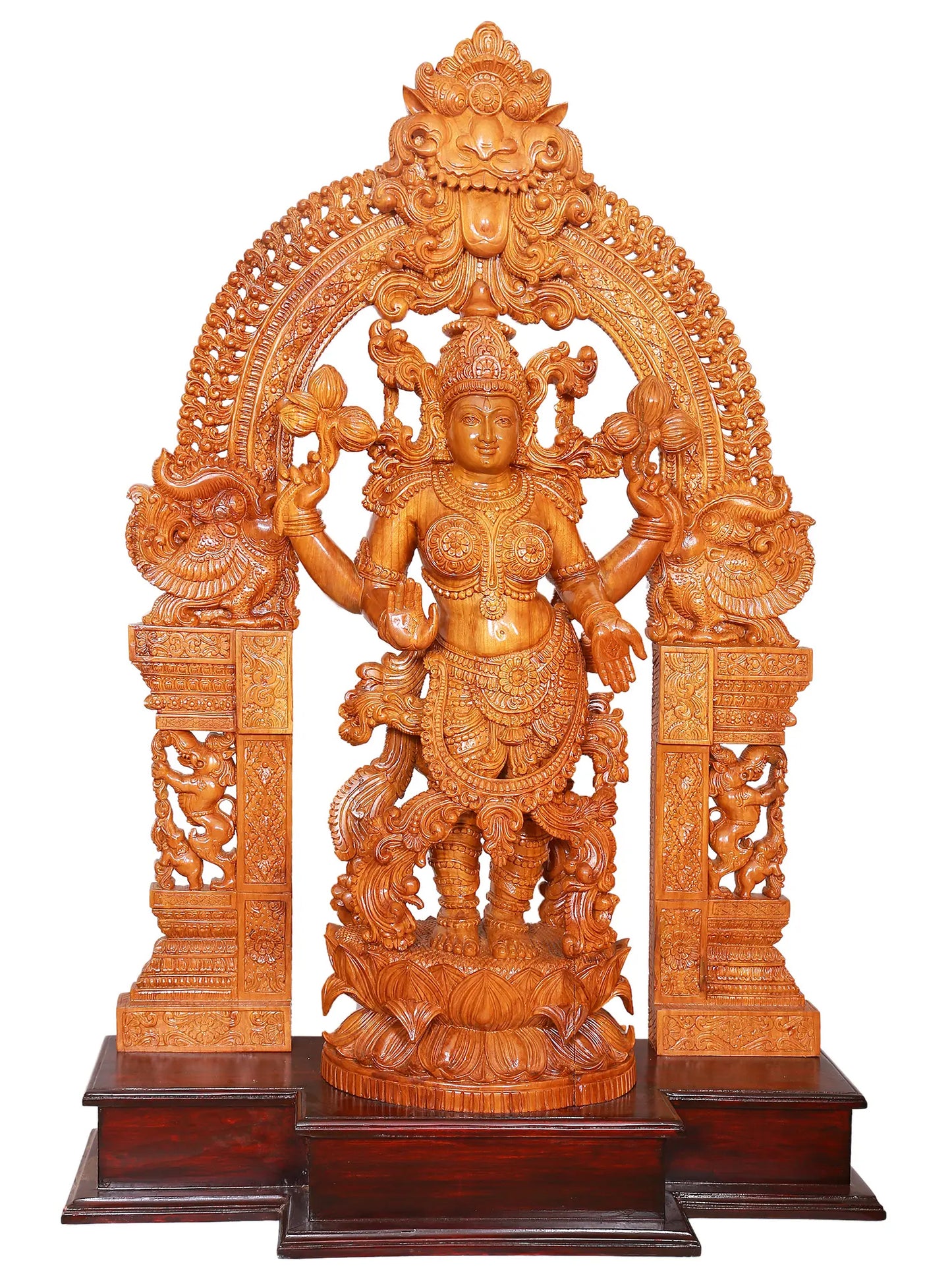 49" Large Statue of Goddess Lakshmi with Attractive Kirtimukha Prabhavali | Teakwood Sculpture for Temple