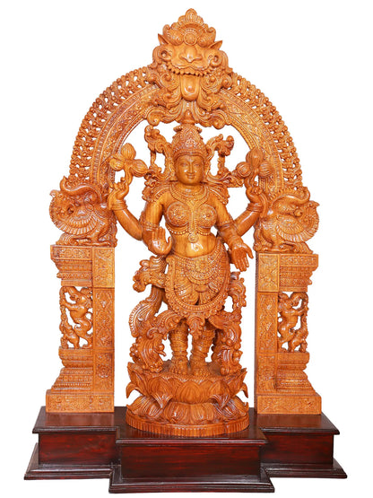 49" Large Statue of Goddess Lakshmi with Attractive Kirtimukha Prabhavali | Teakwood Sculpture for Temple
