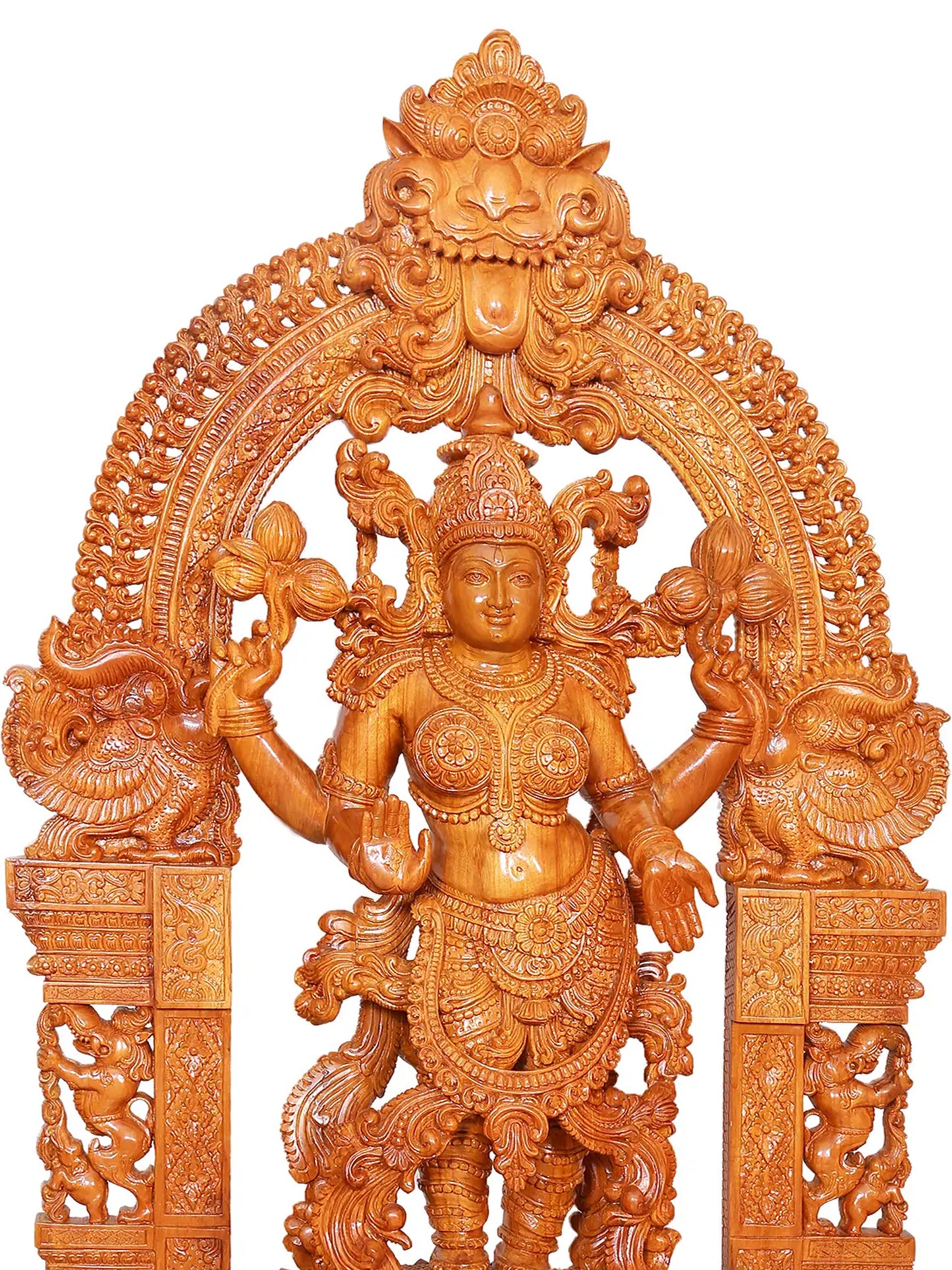 49" Large Statue of Goddess Lakshmi with Attractive Kirtimukha Prabhavali | Teakwood Sculpture for Temple