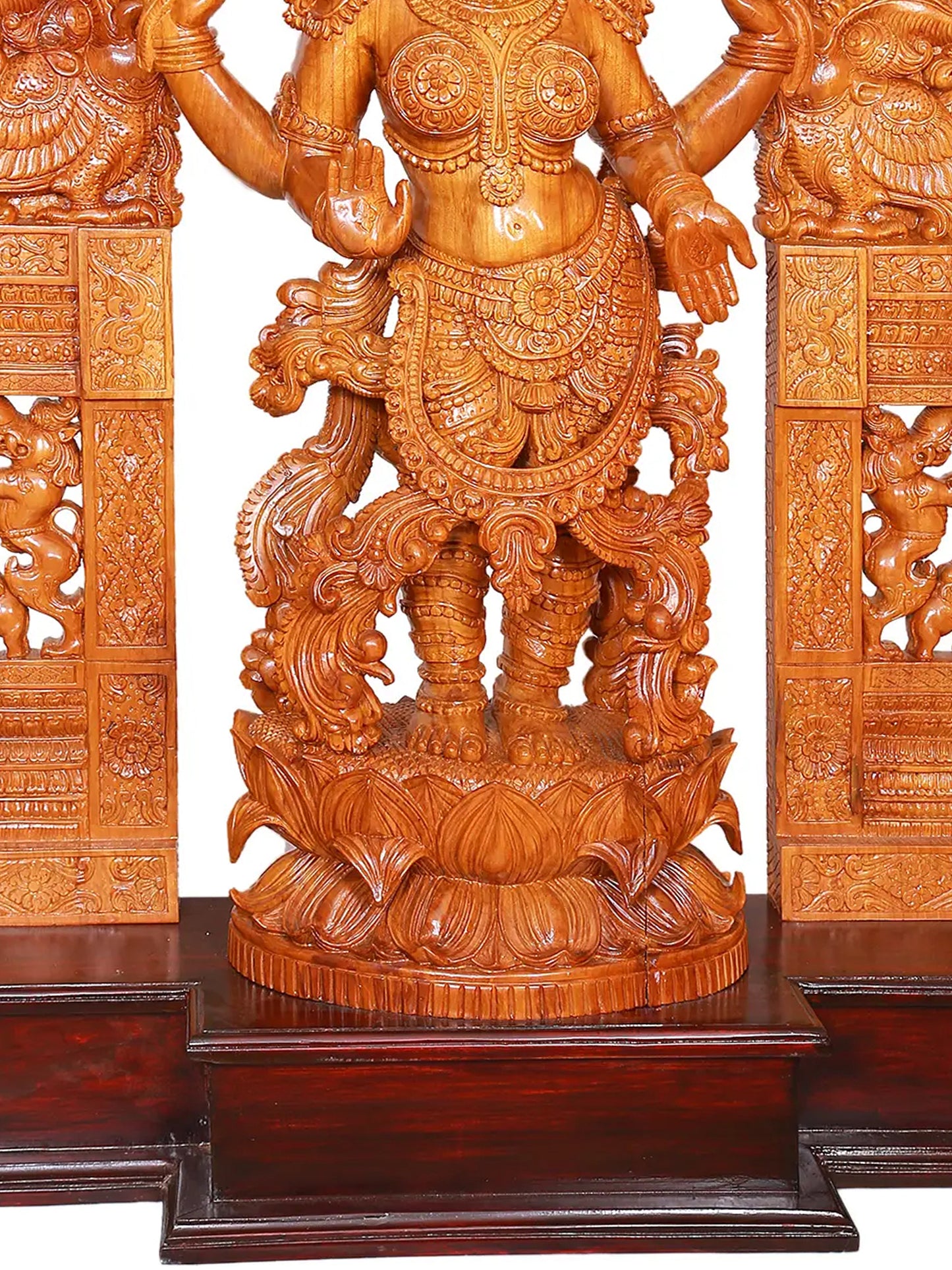 49" Large Statue of Goddess Lakshmi with Attractive Kirtimukha Prabhavali | Teakwood Sculpture for Temple