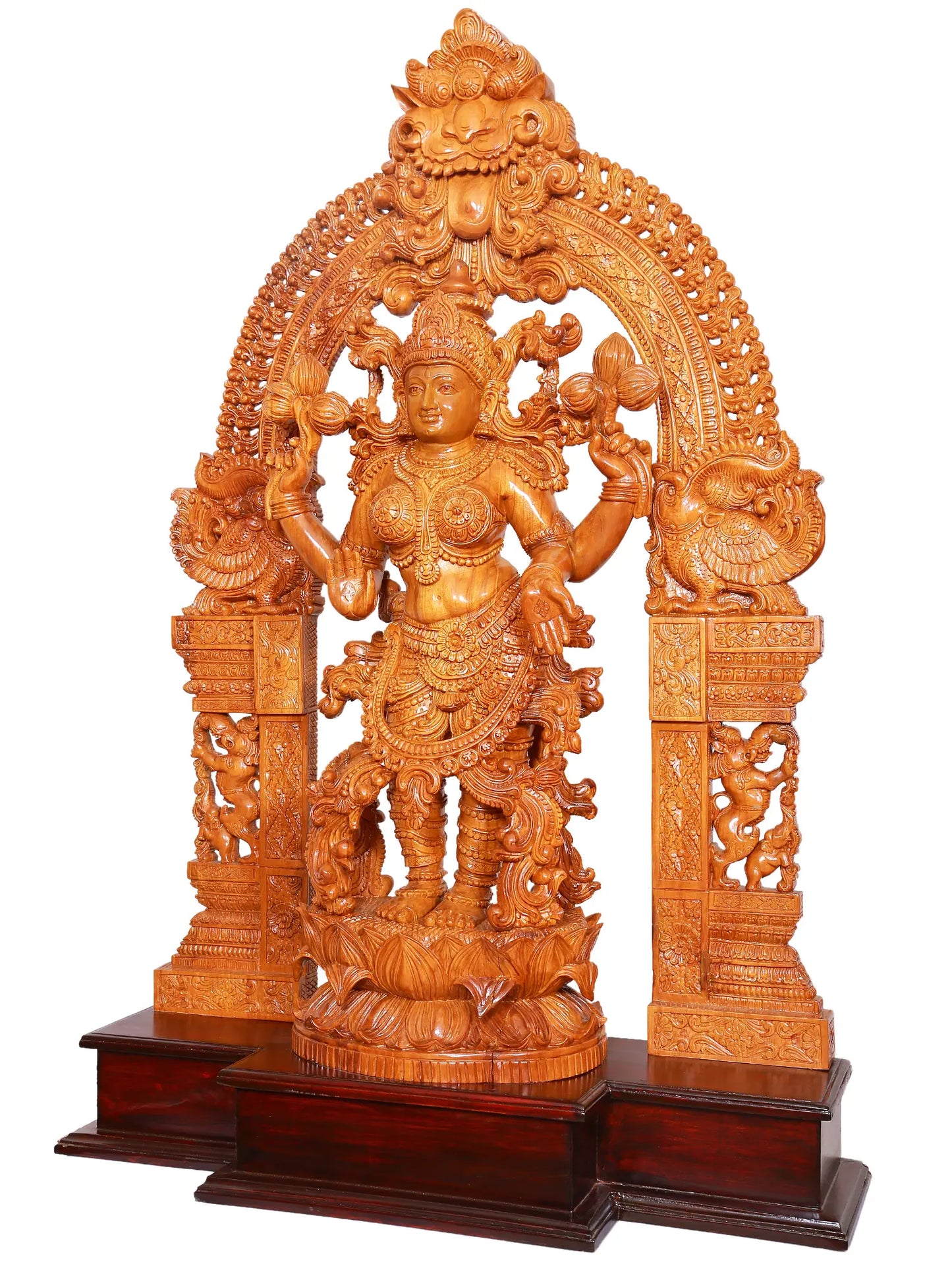 49" Large Statue of Goddess Lakshmi with Attractive Kirtimukha Prabhavali | Teakwood Sculpture for Temple