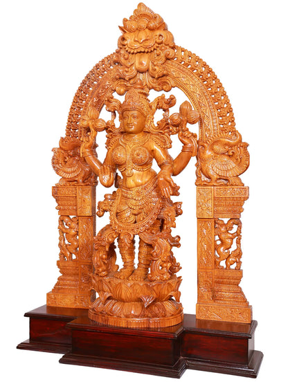 49" Large Statue of Goddess Lakshmi with Attractive Kirtimukha Prabhavali | Teakwood Sculpture for Temple