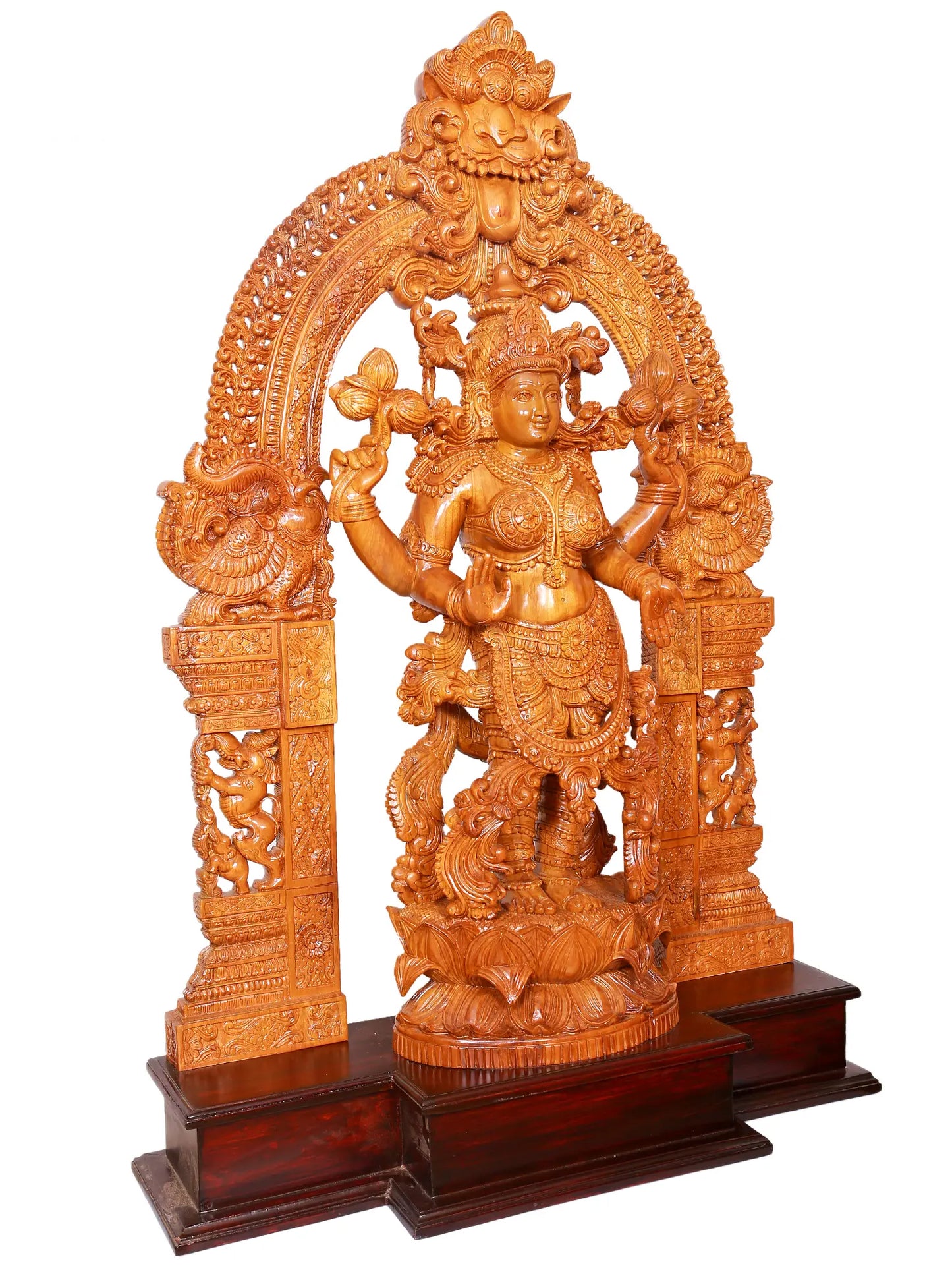 49" Large Statue of Goddess Lakshmi with Attractive Kirtimukha Prabhavali | Teakwood Sculpture for Temple