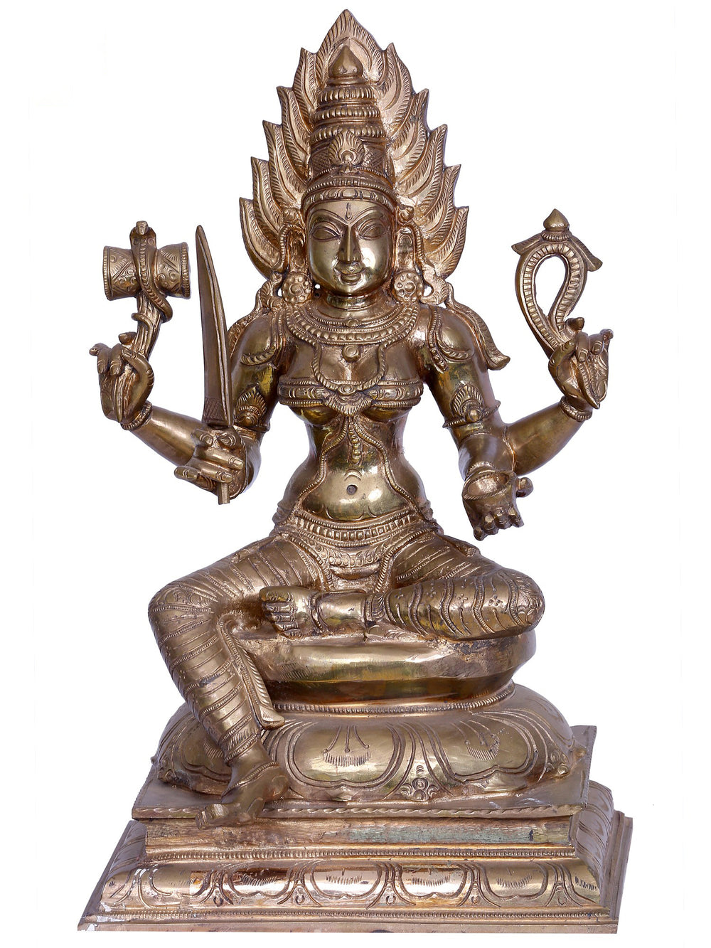 Four-Armed Mariamman in Lalitasana on Pedestal in Panchaloha Bronze