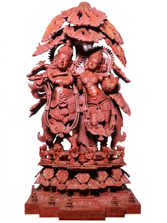51" Radha and Krishna Statue with Attractive Carving | Red Stone Sculpture for Temple