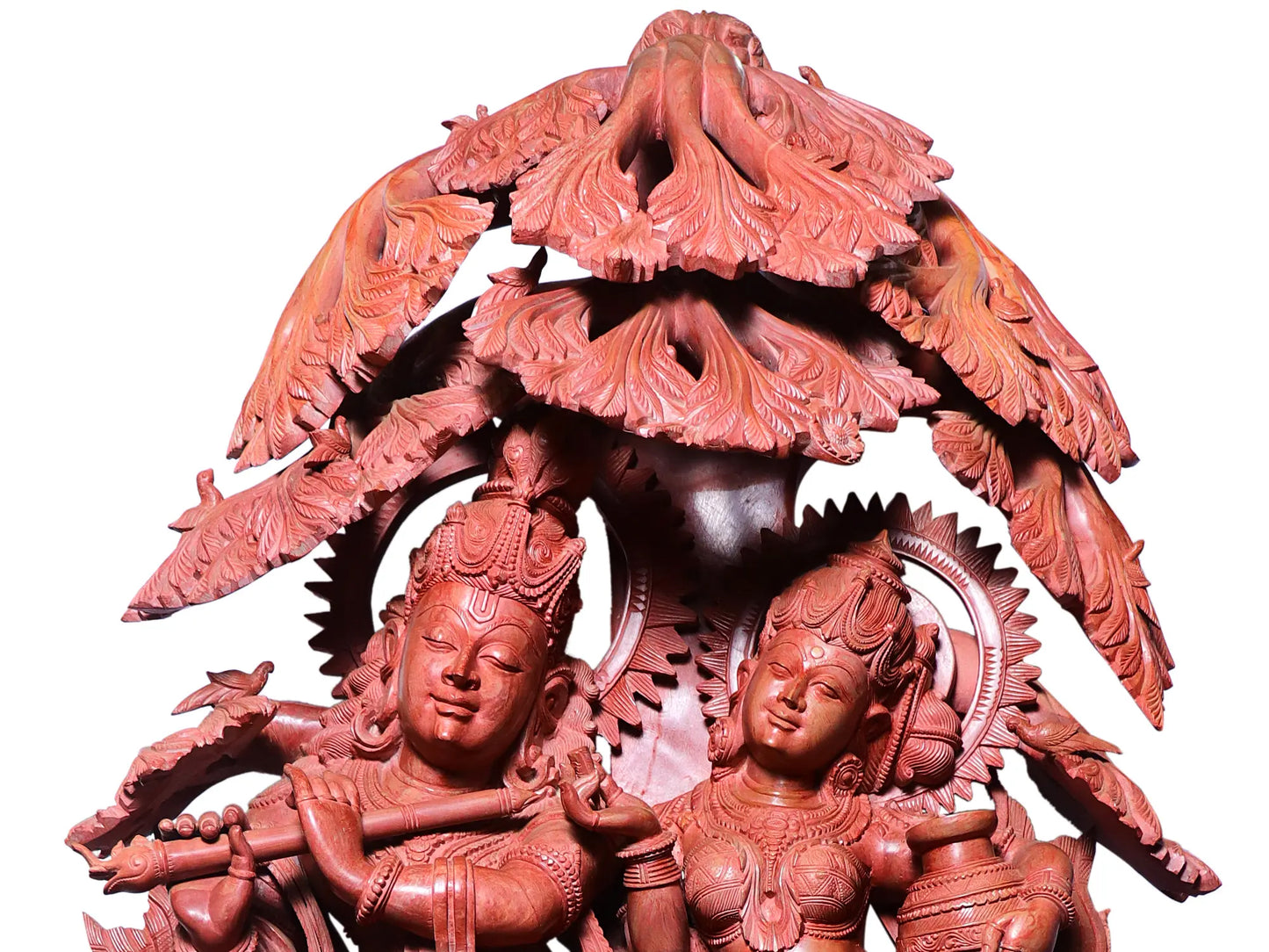 51" Radha and Krishna Statue with Attractive Carving | Red Stone Sculpture for Temple
