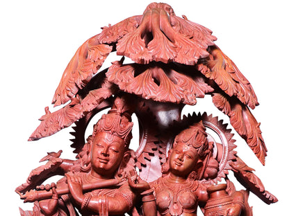 51" Radha and Krishna Statue with Attractive Carving | Red Stone Sculpture for Temple