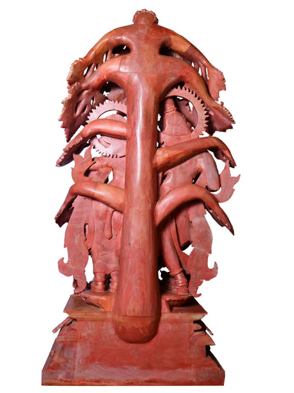 51" Radha and Krishna Statue with Attractive Carving | Red Stone Sculpture for Temple