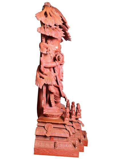 51" Radha and Krishna Statue with Attractive Carving | Red Stone Sculpture for Temple