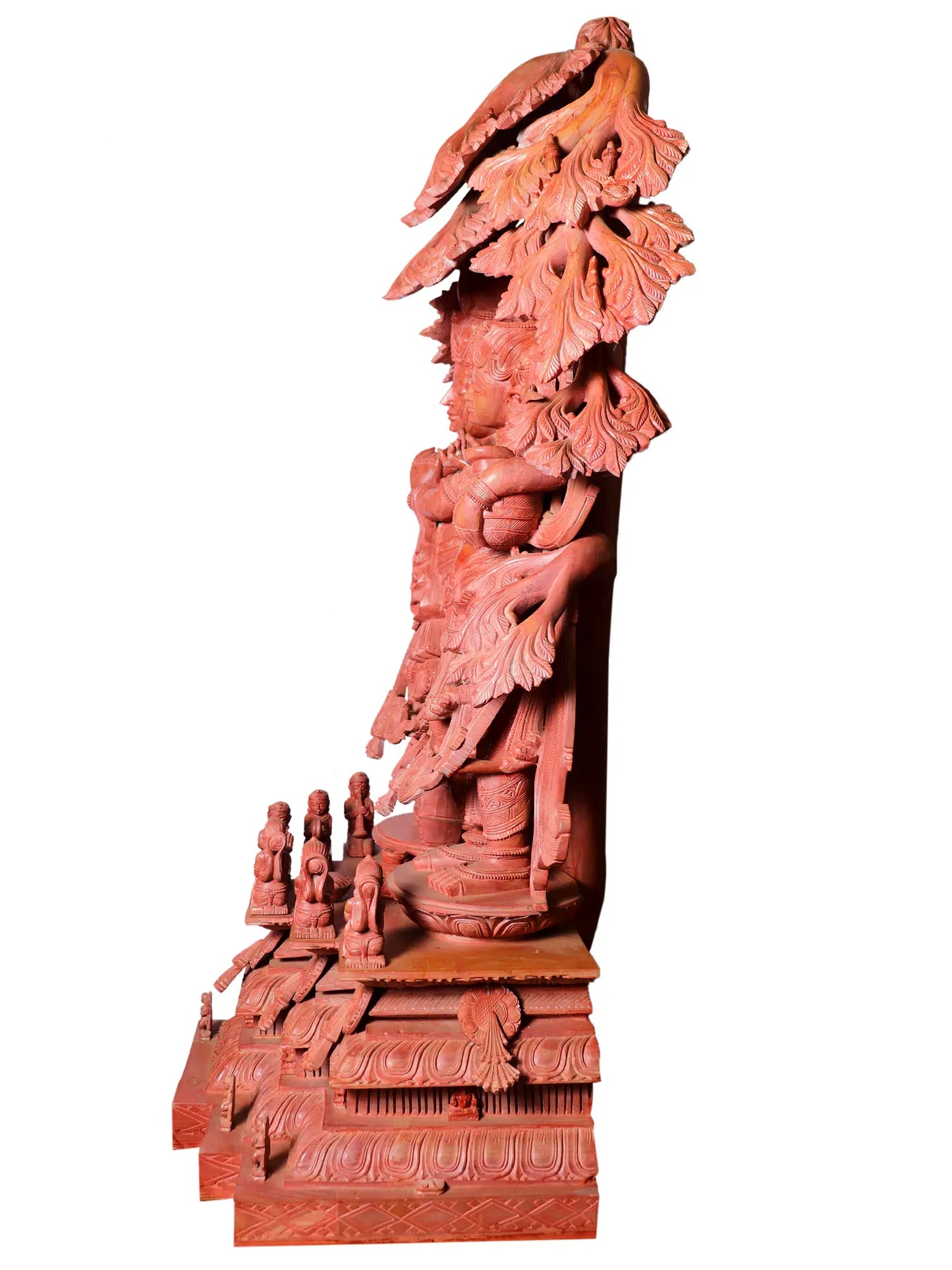 51" Radha and Krishna Statue with Attractive Carving | Red Stone Sculpture for Temple