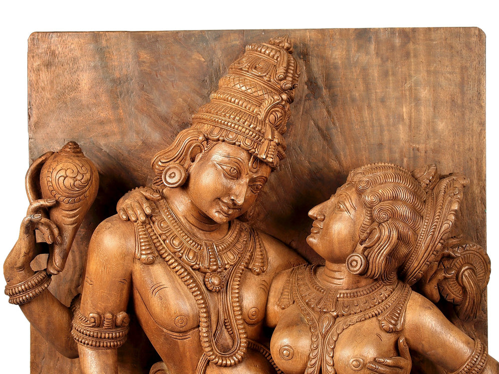 Wooden Vishnu Lakshmi Wall Panel