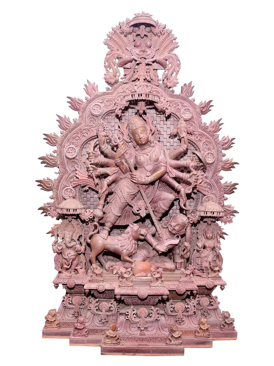 37" Superfine Ornamented Goddess Durga Idol Killing Mahishasura | Pink Stone Statue | Handmade Sculpture for Temple