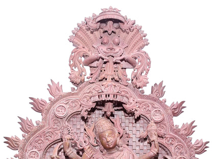 37" Superfine Ornamented Goddess Durga Idol Killing Mahishasura | Pink Stone Statue | Handmade Sculpture for Temple