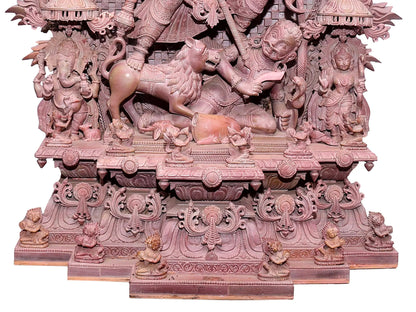 37" Superfine Ornamented Goddess Durga Idol Killing Mahishasura | Pink Stone Statue | Handmade Sculpture for Temple