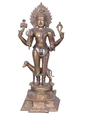 Standing Bhairava with Flame Crown and Dog in Panchaloha Bronze