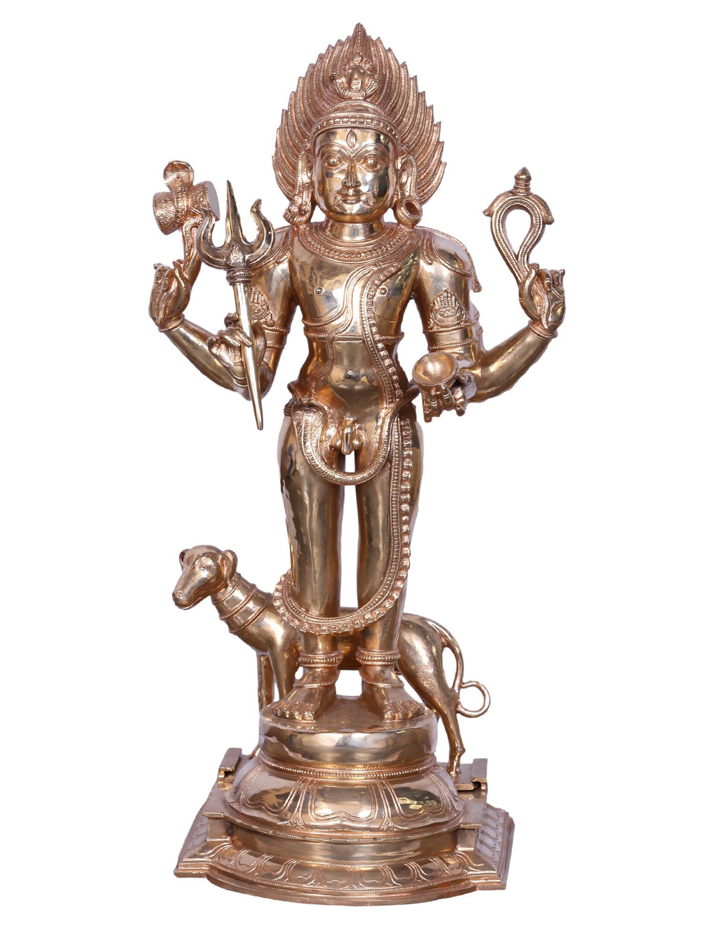 Bhairava with Trishula, Damaru, Skull Cup and Noose with Dog in Panchaloha Bronze