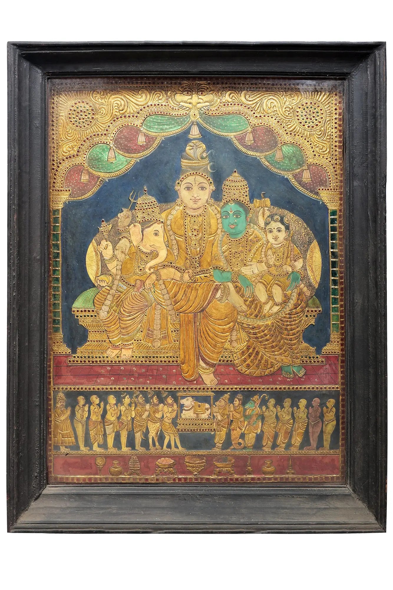 Lord Shiva with Family | Traditional Colors With 24K Gold | Teakwood Frame | Handmade Tanjore Painting