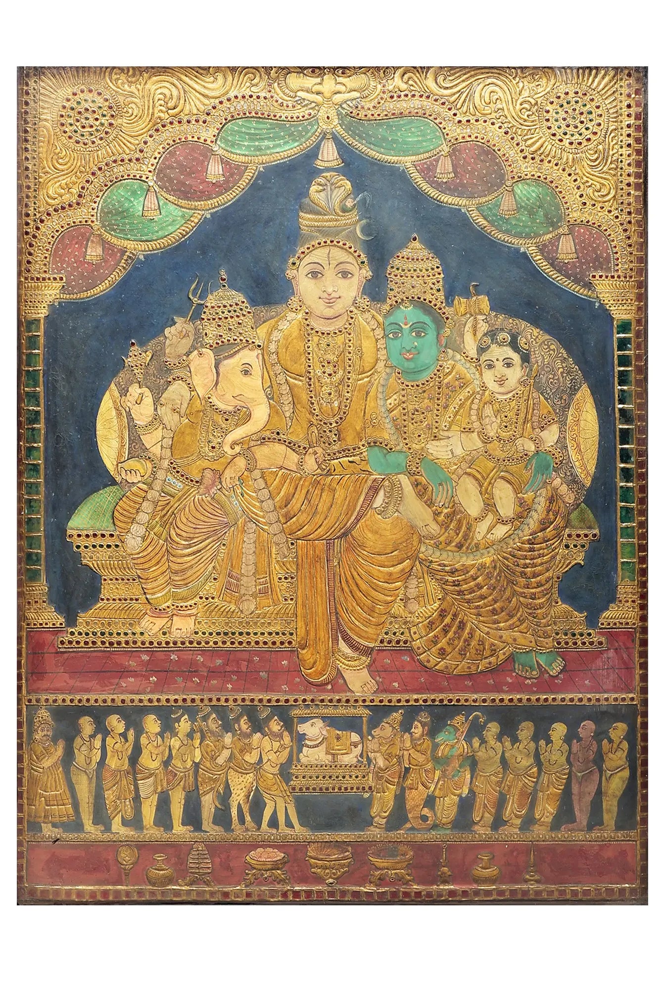 Lord Shiva with Family | Traditional Colors With 24K Gold | Teakwood Frame | Handmade Tanjore Painting