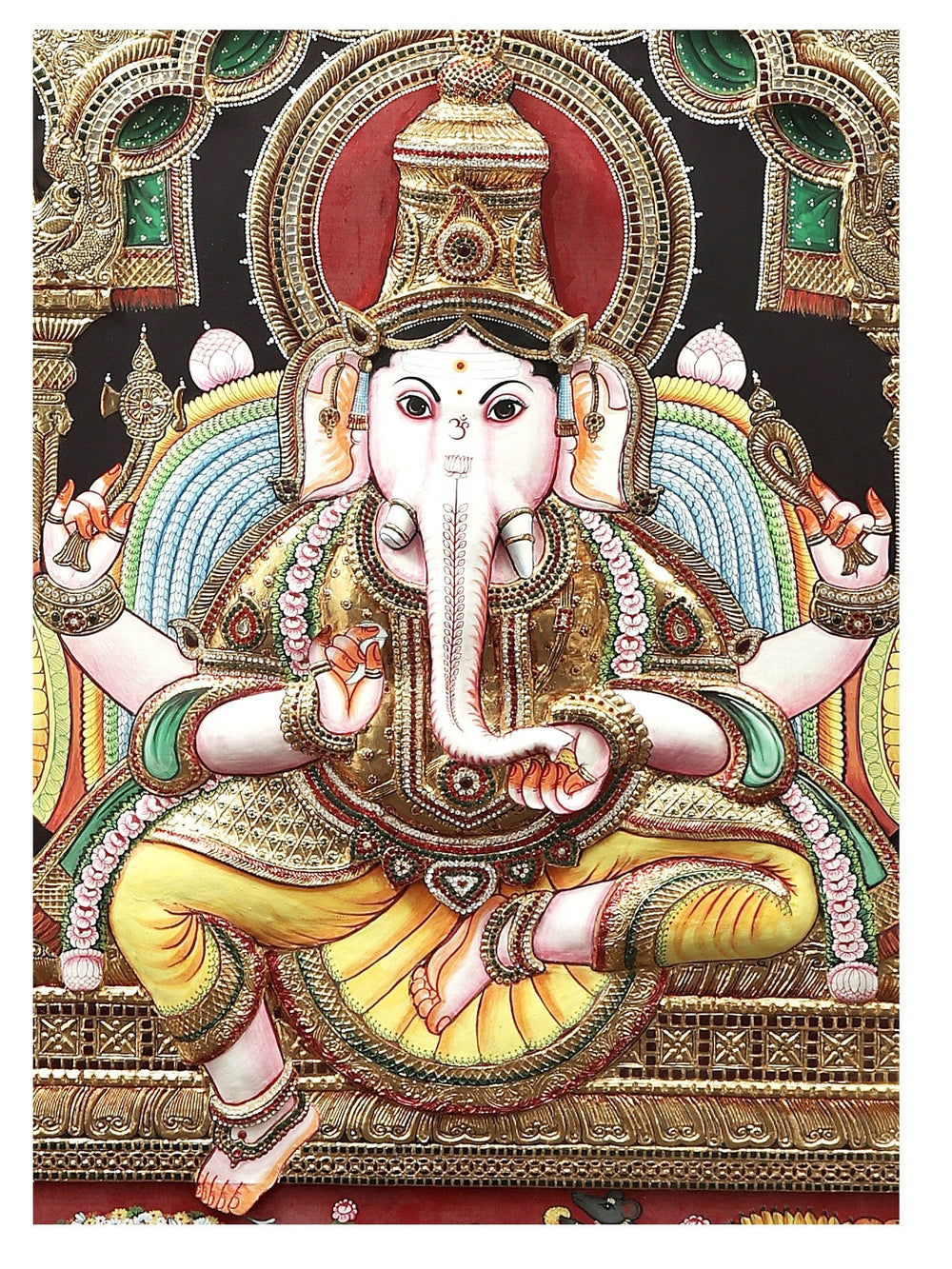 Large-Scale Ganesha Tanjore Artwork - 24K Gold Detailing with Traditional Colours - Set in Teakwood Frame