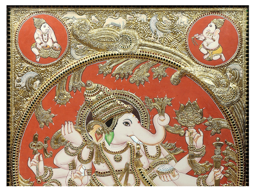 Large-Scale Dancing Ganesha - Tanjore Artwork with Traditional Pigments and 24K Gold - Teakwood Frame