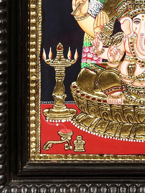 Gauri and Ganesha (Parvati with Baby Ganesha) - Handcrafted Tanjore Artwork with Traditional Pigments and 24K Gold - Teakwood Frame