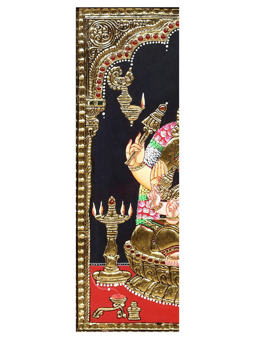Gauri and Ganesha (Parvati with Baby Ganesha) - Handcrafted Tanjore Artwork with Traditional Pigments and 24K Gold - Teakwood Frame
