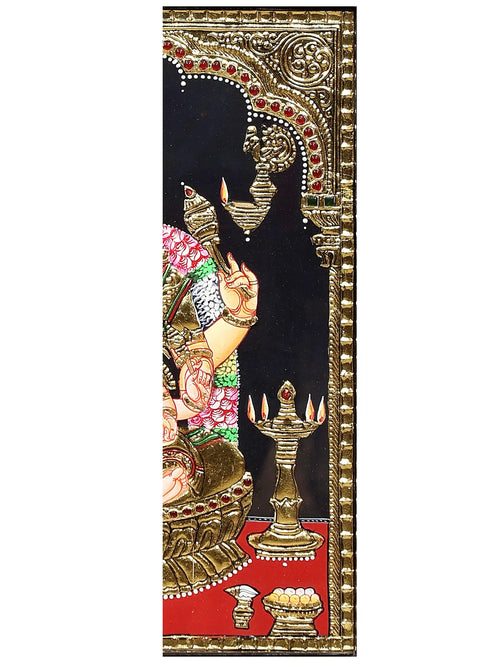 Gauri and Ganesha (Parvati with Baby Ganesha) - Handcrafted Tanjore Artwork with Traditional Pigments and 24K Gold - Teakwood Frame