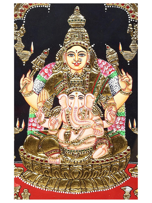 Gauri and Ganesha (Parvati with Baby Ganesha) - Handcrafted Tanjore Artwork with Traditional Pigments and 24K Gold - Teakwood Frame
