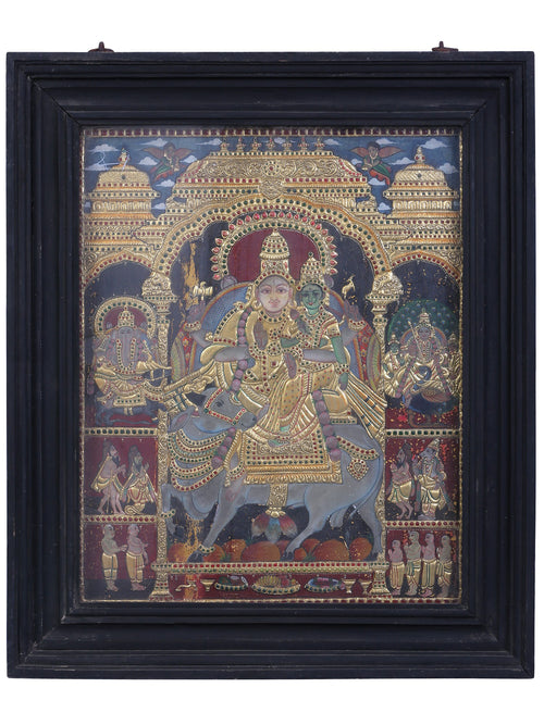 Pradosha Moorthy Shiva Parvati on Nandi - Tanjore Painting with Traditional Colours and 24K Gold - Teakwood Frame