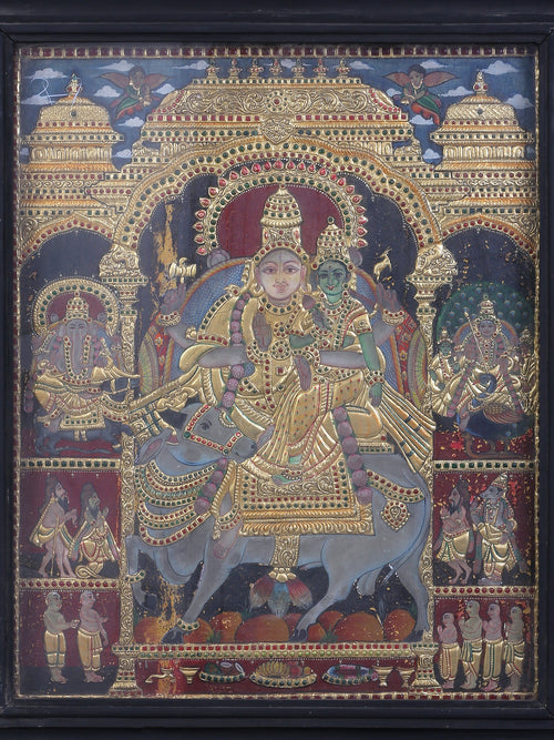 Pradosha Moorthy Shiva Parvati on Nandi - Tanjore Painting with Traditional Colours and 24K Gold - Teakwood Frame