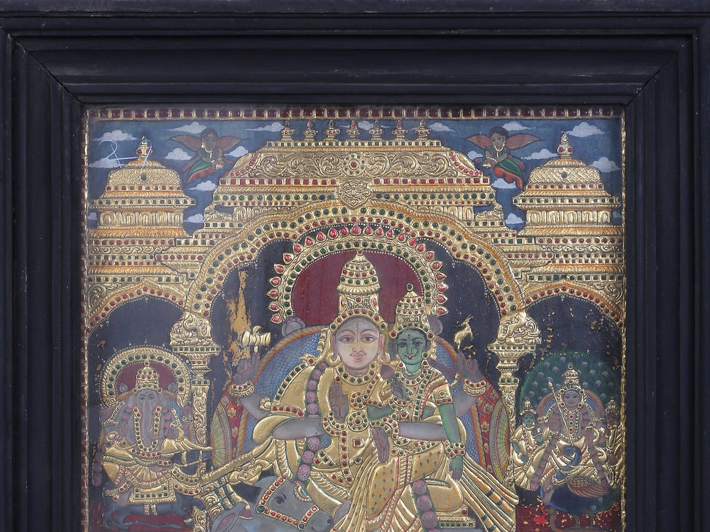 Pradosha Moorthy Shiva Parvati on Nandi - Tanjore Painting with Traditional Colours and 24K Gold - Teakwood Frame