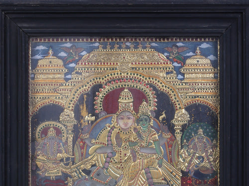 Pradosha Moorthy Shiva Parvati on Nandi - Tanjore Painting with Traditional Colours and 24K Gold - Teakwood Frame