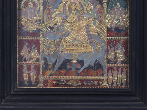 Pradosha Moorthy Shiva Parvati on Nandi - Tanjore Painting with Traditional Colours and 24K Gold - Teakwood Frame