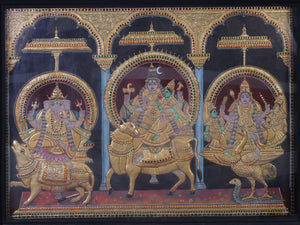 Shiva, Parvati, Ganesha, and Kartikeya on Their Mounts - Shiva Parivaar Tanjore Artwork with Traditional Colours and 24K Gold - Teakwood Frame