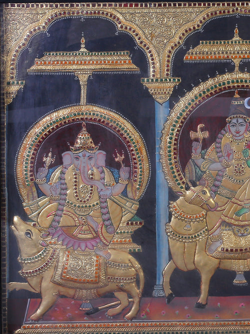 Shiva, Parvati, Ganesha, and Kartikeya on Their Mounts - Shiva Parivaar Tanjore Artwork with Traditional Colours and 24K Gold - Teakwood Frame