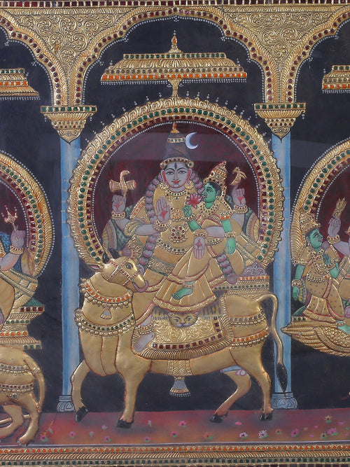 Shiva, Parvati, Ganesha, and Kartikeya on Their Mounts - Shiva Parivaar Tanjore Artwork with Traditional Colours and 24K Gold - Teakwood Frame